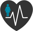 Women's health icon with a woman inside a heart and a heart monitor.